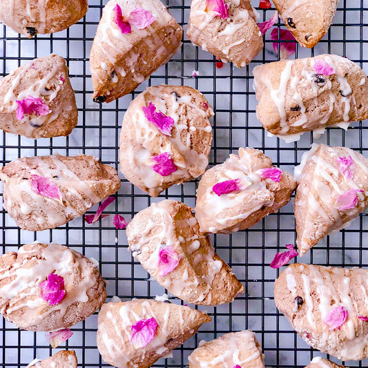 Suncore Foods Superplant Protein Raspberry Scones with Raspberry Rose Cold Brew Cacao Glaze