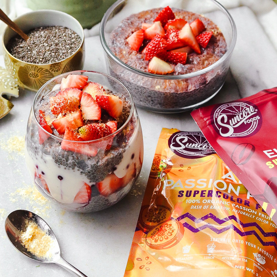 Suncore Foods Sparkly Passion Fruit Elderberry Chia Seed Puddings