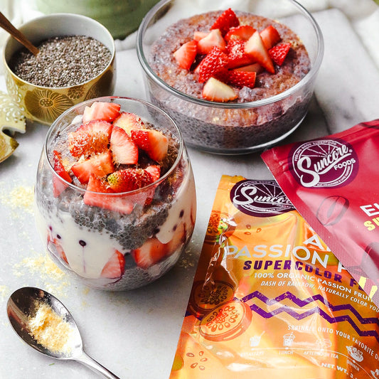 Suncore Foods Sparkly Passion Fruit Elderberry Chia Seed Puddings