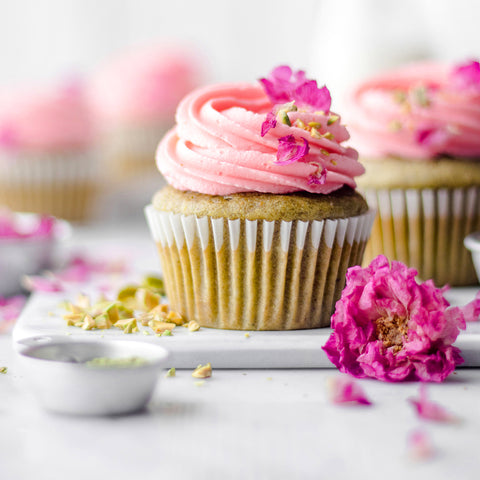 Pistachio Matcha Cupcakes with Pink Pitaya Rosewater Frosting