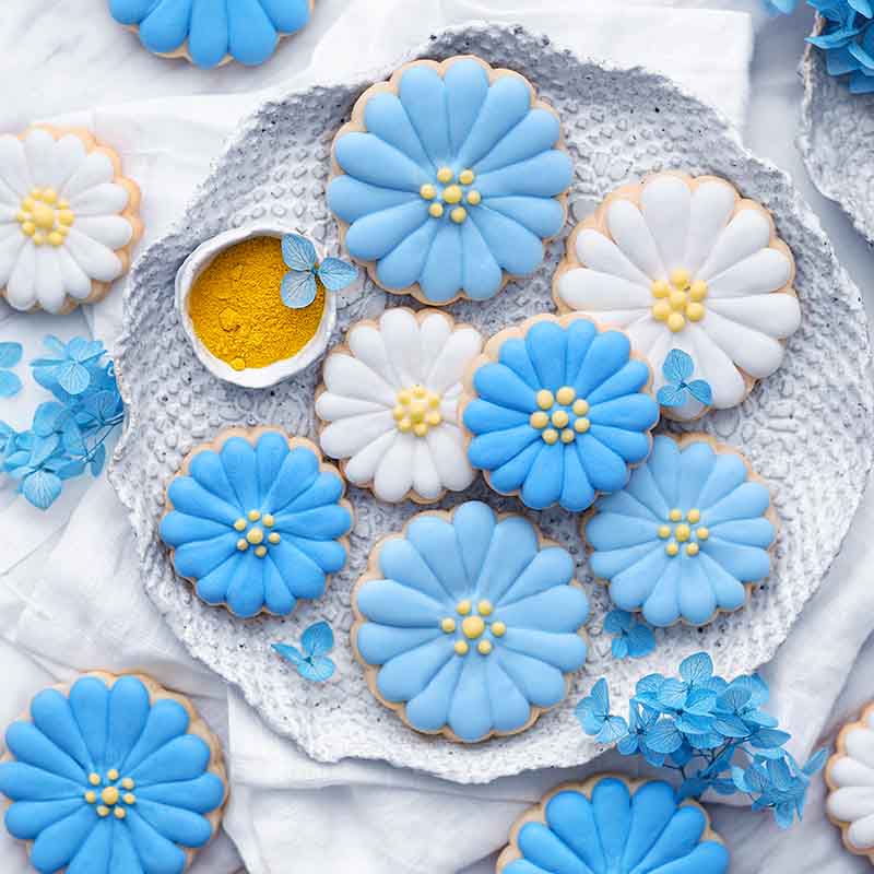 Almond Cookies with Aqua Spirulina and Canary Yellow Icing