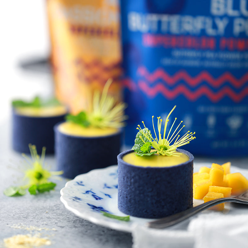 Suncore Foods Blue Butterfly Pea Mango & Passion Fruit Mousse Tartlets