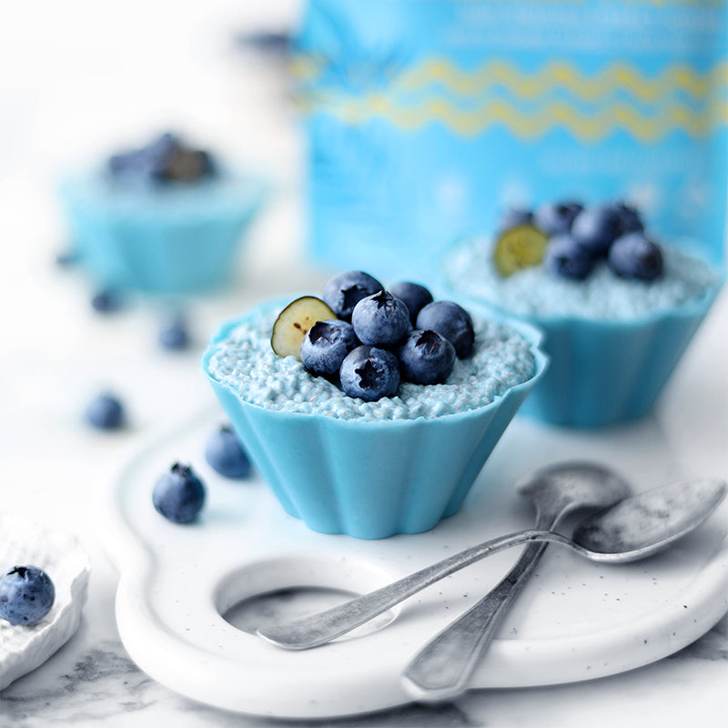 Suncore Foods Morning Aqua Blue Spirulina Oceanic Chia Pudding in White Chocolate Cups