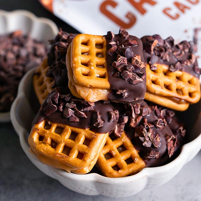 Suncore Foods® Caramel-Stuffed Cacao Nibs Chocolate-Dipped Pretzel Bites