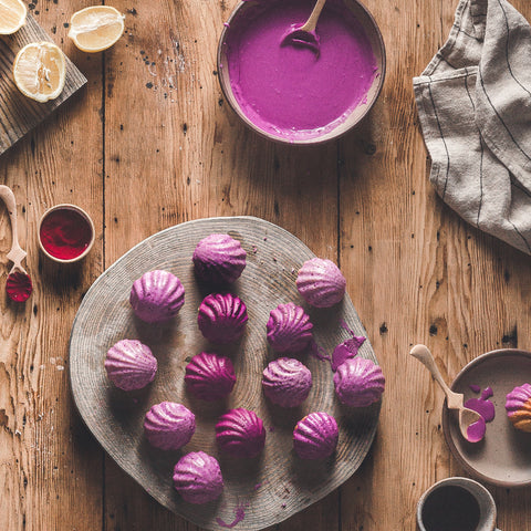 Lemon Madeleines with Cosmos Red Cabbage and Ruby Red Radish Glaze