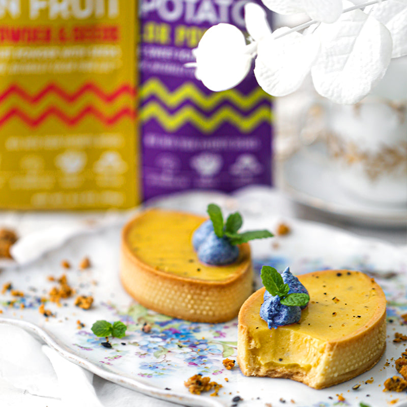 Suncore Foods Passion Fruit Curd Tart with Almond Sable & Purple Sweet Potato Meringue