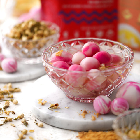 Pink Marbled Rice Balls with Sweet Peanut Stuffing and Jasmine-Infused Syrup