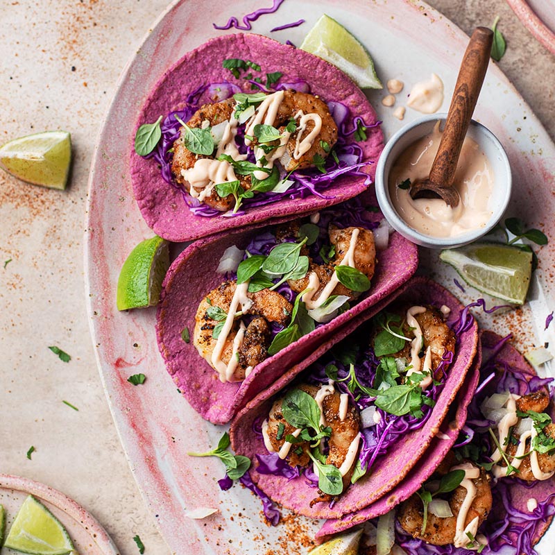 Suncore Foods Cosmos Red Cabbage Pink Pitaya Shrimp Tacos