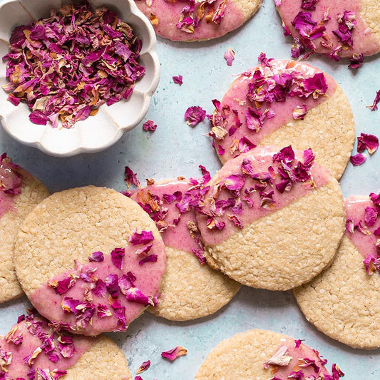 Suncore Foods® Pink Pitaya Glazed Quinoa Flakes Cookies Sprinkled with Rose Petals