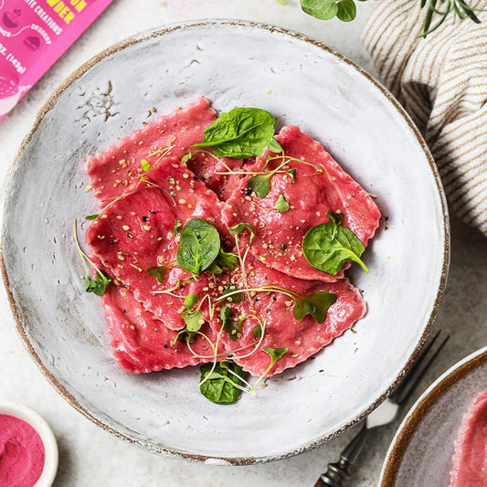Suncore Foods® Pink Pitaya Cheese Ravioli Sprinkle with Hemp Seeds and Microgreens
