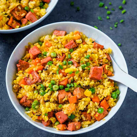 Quinoa Fried Rice with Red Beet Tofu Spam