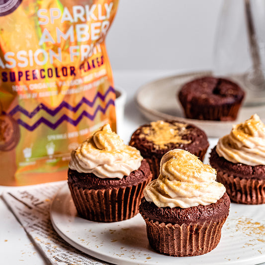 Suncore Foods Sparkly Amber Passion Fruit Flakes Chocolate Cupcakes