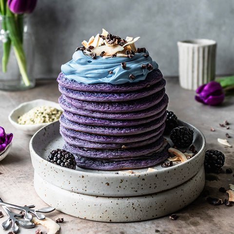 Ultra Violet Pancakes with Aqua Blue Spirulina Whipped Cream