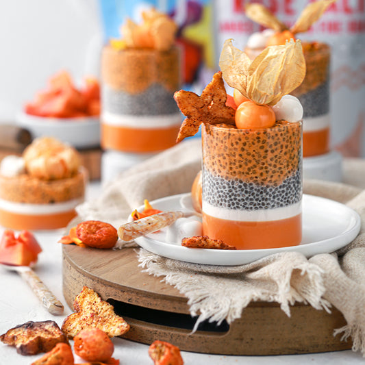 Suncore Foods Tropical Papaya Chia Parfait with Salted Coconut Jelly and Topped with Air Fried Fruits & Vegetables