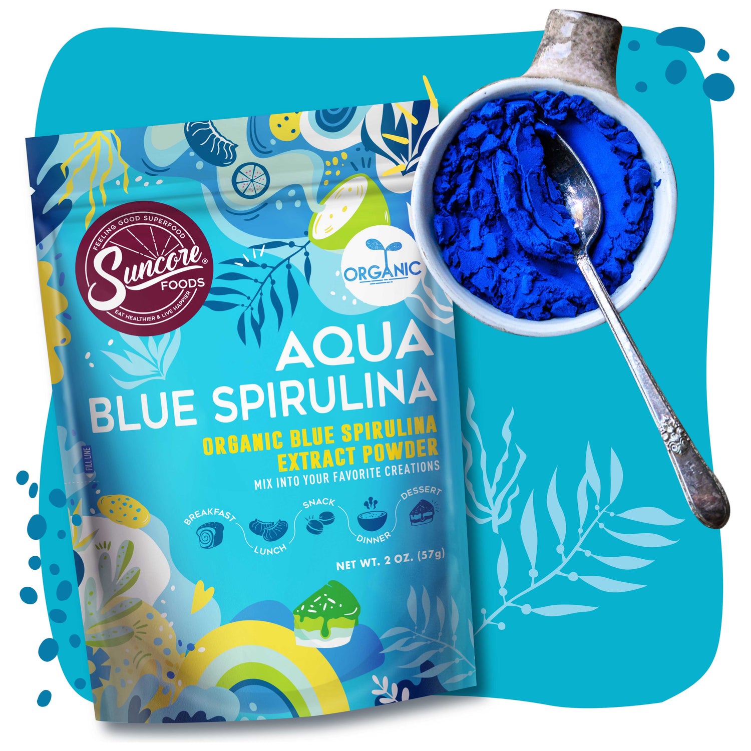 Organic Aqua Blue Spirulina Powder - Premium Natural Food Powder from Suncore Foods - Starting $45.99 and available in larger sizes including wholesale bulk orders! Shop now at www.suncorefoods.com